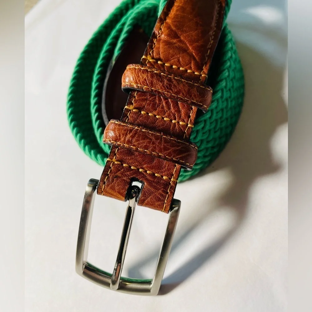 Torino Men's Green Knit Woven Stretch Belt Sz 38 69503 USA Italian Leather GOLF